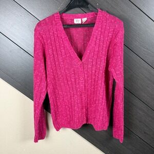 Rafferty Women Vintage Pink Linen Blend Cardigan Large Ribbed Button Front Y2K